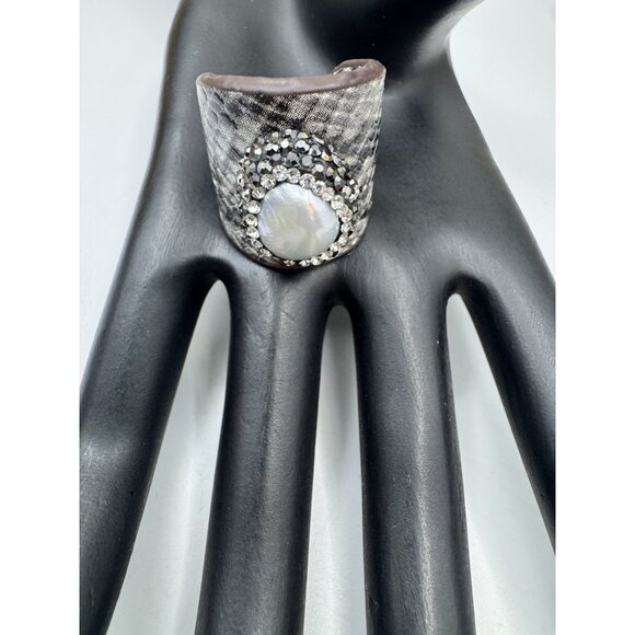 Snake Skin Baroque Pearl Marcasite And Rhinestone Wide Ring - Picture 8 of 11